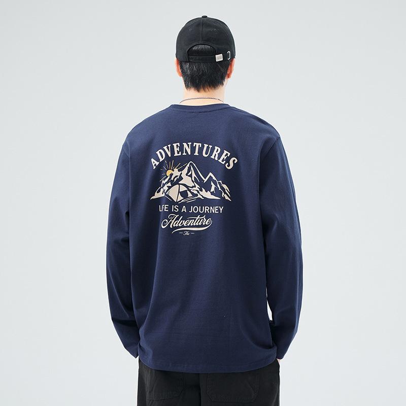 Tシャツ メンズ 男性用 長袖 260g ヘビーウェイト コットン アウトドア 山系 プリント カットソー ゆったり 丸首 春秋