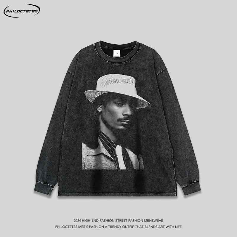 Tシャツ メンズ 男性用 長袖 ウォッシュ加工 ダメージ加工 ストリート HIPHOP ヒップホップ レトロ プリント ルーズ ゆったり カップル インナー トップス 綿 コットン