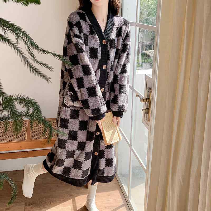 ワンピース レディース パジャマ ネルシャツ コーディガン 厚手 珊瑚フリース 寝間着 部屋着 Vネック 長袖 ロング丈 秋冬 あったか リラックス