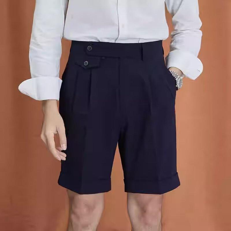 ハーフパンツ メンズ 男性用 ビジネス カジュアル テーパード ポリエステル 無地 ブラック 紺色 イギリス風