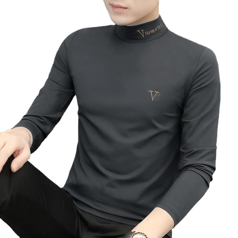 Tシャツ メンズ 男性用 秋冬用 あったかインナー 長袖 カットソー スリムフィット 立襟 トップス 裏起毛 防寒 伸縮性 ポリエステル 綿 紺色 ワインレッド コーヒー色 グレー 黒 白