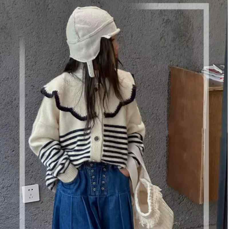 ニット カーディガン ベビー キッズ 女の子 トップス ゆるかわ 柔らかい 赤ちゃん 子供 服 接触冷感 春秋冬 長袖 ストライプ 110 120 130 140 150 160cm