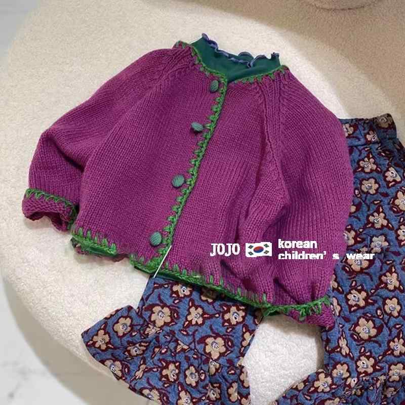 ニットカーディガン キッズ 女の子 子供服 春秋冬 韓国子供服 かわいい カジュアル 長袖 トップス アウター 上着 普段着 通園 通学 パープル系