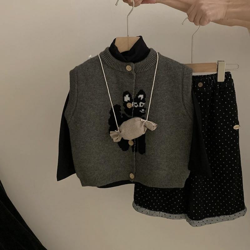 ニットベスト 女の子 かわいい猫柄 子供服 秋冬 トップス カーディガン アウター 接触冷感 伸縮性 グレー