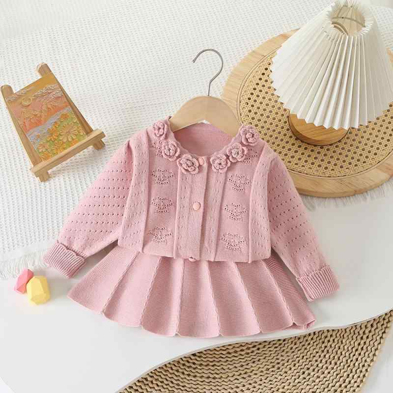 ニット カーディガン キッズ 女の子 子供服 秋冬 長袖 手編み 花柄 セーター スカート セットアップ かわいい 普段着 おしゃれ ピンク ブルー アイボリー