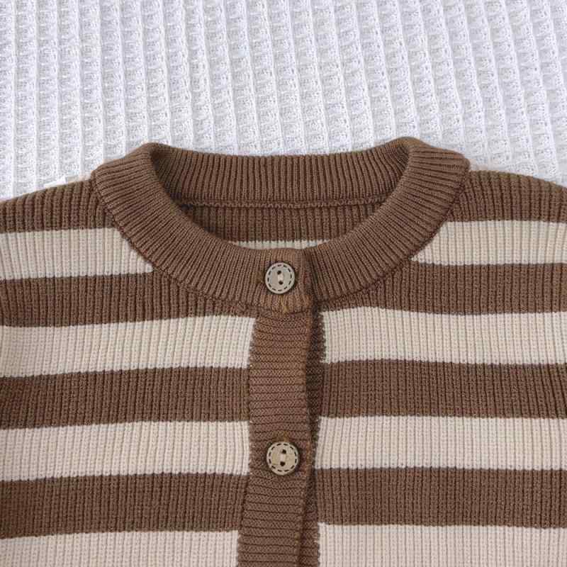 ニット ベビー服 上下セット 春秋 長袖 カーディガン トップス パンツ 男の子 女の子 新生児 かわいい ストライプ 赤ちゃん 幼児 乳幼児 コーヒー色 66 73