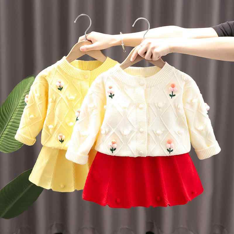 子供服 女の子 ニット カーディガン スカート セットアップ 長袖 無地 2点セット 幼児 ベビー服 かわいい 秋物 ベージュ イエロー ピンク系