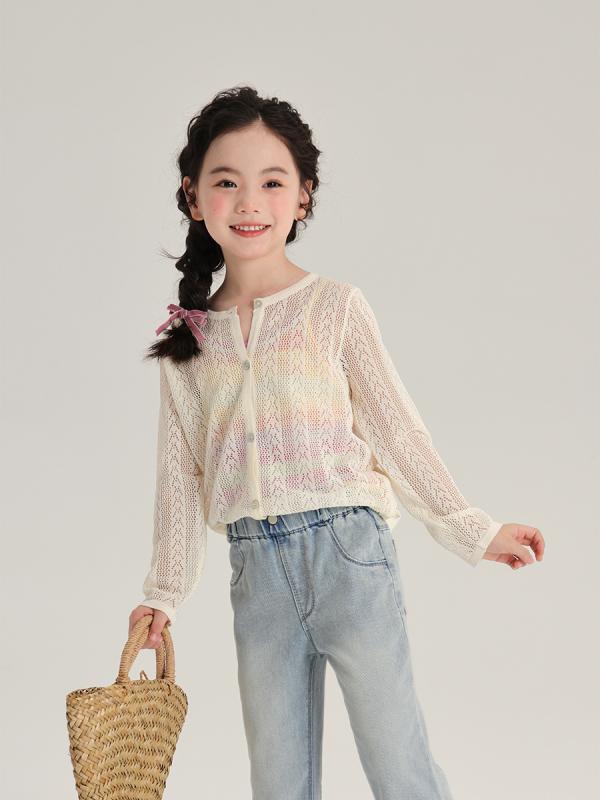 子供服 ニットカーディガン レース 花柄 通気性 アウター トップス シングルボタン 女の子 ニットカーディガン ガールズ 子供服 学院風 ポリエステル 長袖 丸首 90 100 110 120 130 140 150 160 杏色