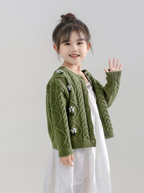 ニットカーディガン キッズ 子供服 女の子 春秋 森ガール 刺繍 トップス 長袖 薄手 かわいい おしゃれ 羽織り アウター 墨緑
