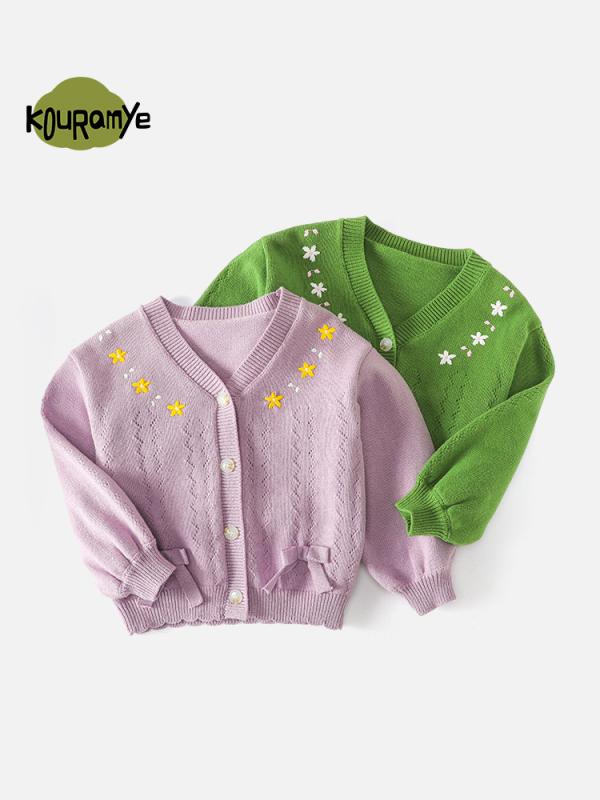 ニットカーディガン ガールズ 春秋 薄手 子供服 韓国 かわいい レトロ 刺繍 花柄 Vネック 綿 長袖 おしゃれ 公園着 普段着