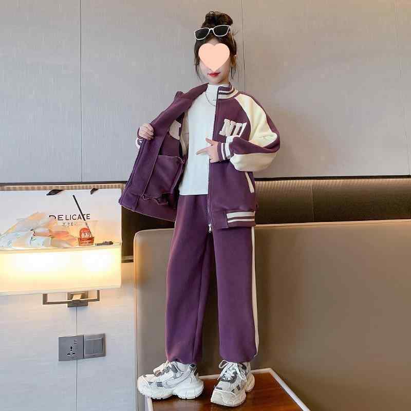 キッズ ガールズ ジャージ 上下セット 秋冬 子供用 長袖トップス ロングパンツ 2点セット 裏起毛 暖かい 普段着 スポーツ 部屋着 パープル ブラウン系