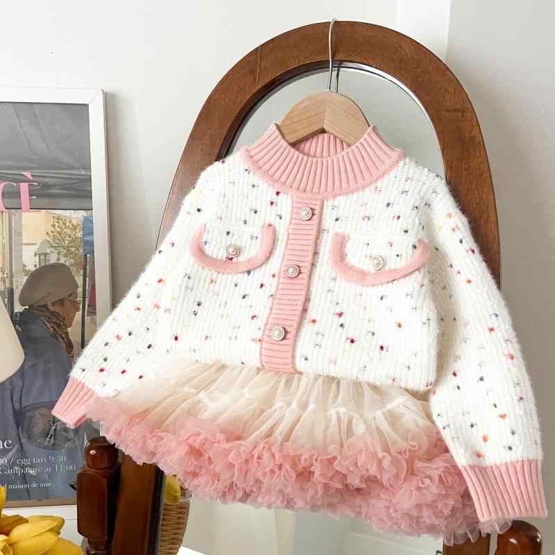 子供服 ニット カーディガン セットアップ スカート 女の子 幼児 厚手 ニットセーター 韓国 かわいい ガーリー お出かけ着 秋冬 ピンク ホワイト 紫2