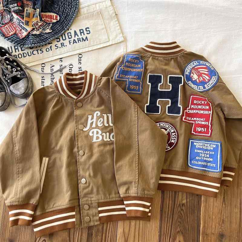 子供服 ジャケット 男女兼用 子供 英語 刺繍 ワッペン付き 野球服風 カーディガン アウター 綿 Vネック 秋物2