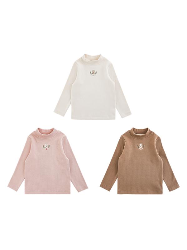 Tシャツ ガールズ 花柄 ウサギ 刺繍 ハイネック 長袖 あったか 子供服 かわいい 柔らかい 綿 冬 80 90 100 110 120 130 140