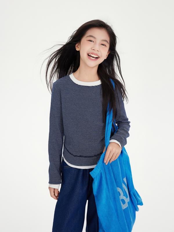 子供服 長袖Tシャツ 女の子 ストライプ柄 トップス ニットソー 春秋冬服 ショート丈 丸首 切り替え コットン カジュアル 普段使い 通学着 120cm 130cm 140cm 150cm 160cm 170cm