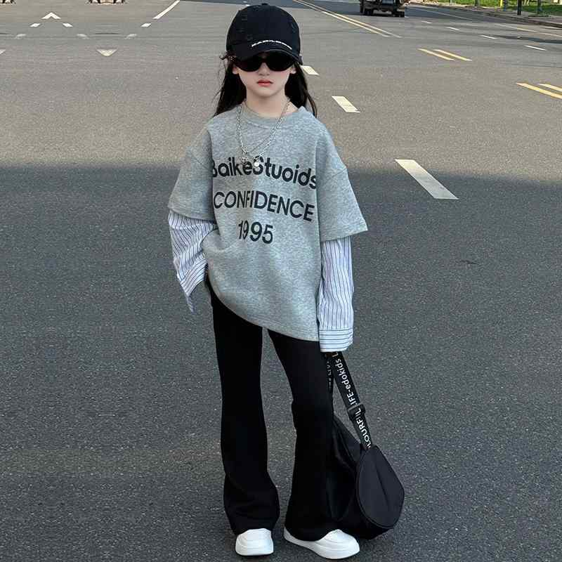 Tシャツ ガールズ 長袖 子供服 切り替え アルファベット柄 プリント トップス 春秋 カジュアル 普段着 通学着 グレー系