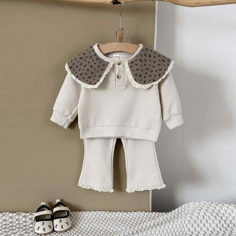 子供服 セットアップ 女の子 長袖Tシャツ パンツ 上下2点セット 花柄 襟付き 杏色 長ズボン 韓国 かわいい おしゃれ 普段着 部屋着 ポリエステル