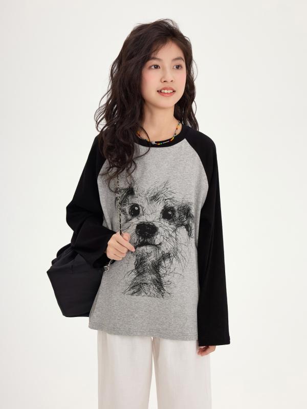 キッズ長袖Tシャツ かわいい犬プリント ゆったり グレー 春物 子供服 ガールズトップス 綿 普段着 通学着
