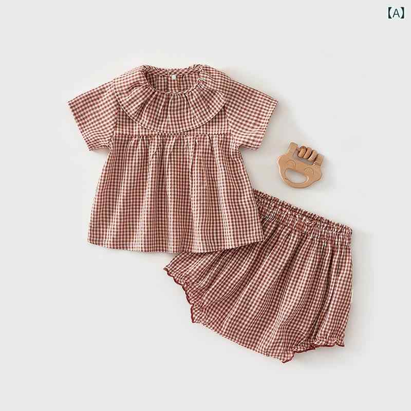 子供服 セットアップ ベビー服 女の子 格子柄 半袖 短パン 上下セット 薄手 かわいい 普段着 部屋着 ブラウン系 ブルー系