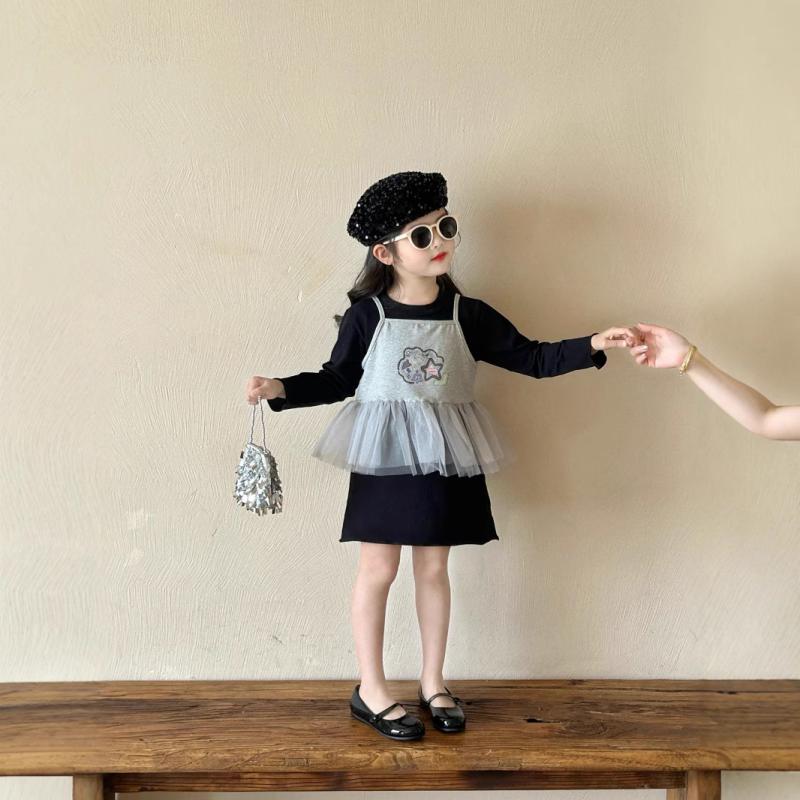子供服 セットアップ 女の子 Tシャツ キャミソール チュール レース 長袖 春秋 かわいい 普段着 グレー 90 100 110 120 130 140