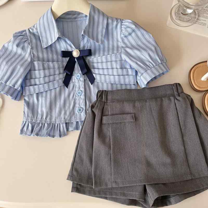 キッズ 女の子 半袖シャツ & スカート セットアップ 子供服 上下セット 学院風 ストライプ プリンセス かわいい 綿 薄手 90cm 100cm 110cm 120cm 130cm 140cm