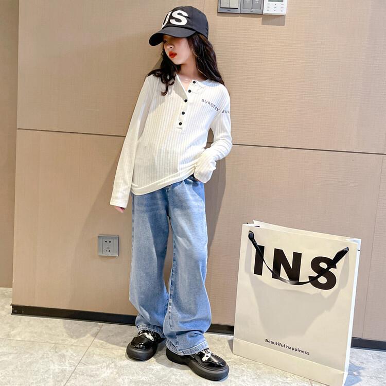 Tシャツ キッズ 女の子 長袖 トップス 子供服 春秋 ニット 綿 ガールズ カジュアル 普段使い 通学着 レイヤードスタイル かわいい アルファベット ワンポイント 白 黒