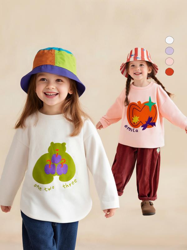 子供用 Tシャツ 長袖 春秋 かわいい プリント イラスト 綿 ベビー 幼児 ピンク 橘色 米色 紫色 カットソー 通園 普段着