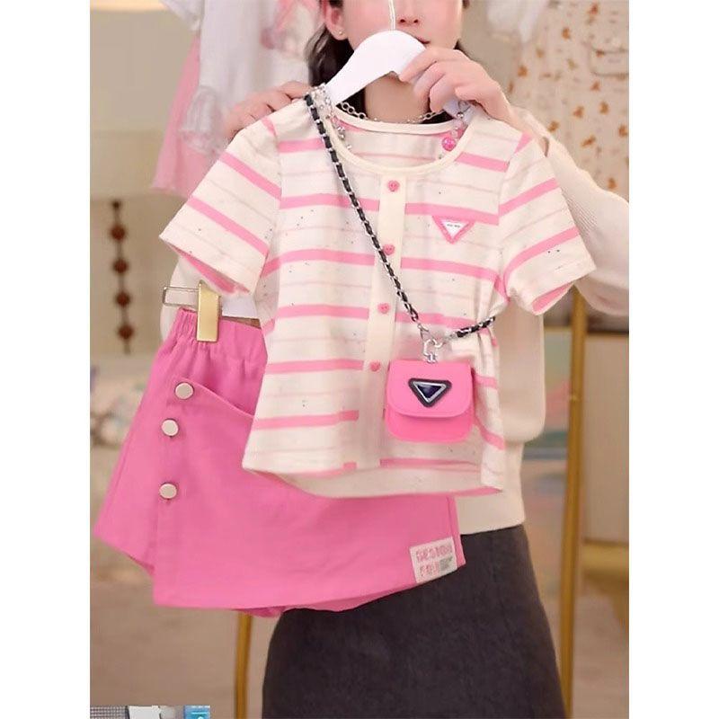 子供服 女の子 夏物 半袖Tシャツ & スカートパンツ 上下2点セット ストライプ柄 普段使い 部屋着 薄手 接触冷感 ピンク系 120 130 140 150 160 170