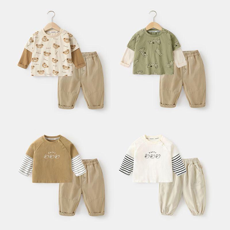 ベビー服 男の子 女の子 上下セット 長袖Tシャツ 長ズボン 春秋 幼児 カジュアル 綿混紡 かわいい 熊のプリント 70 80 90 100