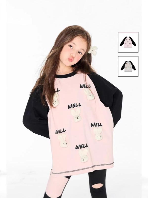 Tシャツ ガールズ 子供服 長袖 ラグラン袖 立体ウサギ 秋物 ピンク系 グレー かわいい 普段使い