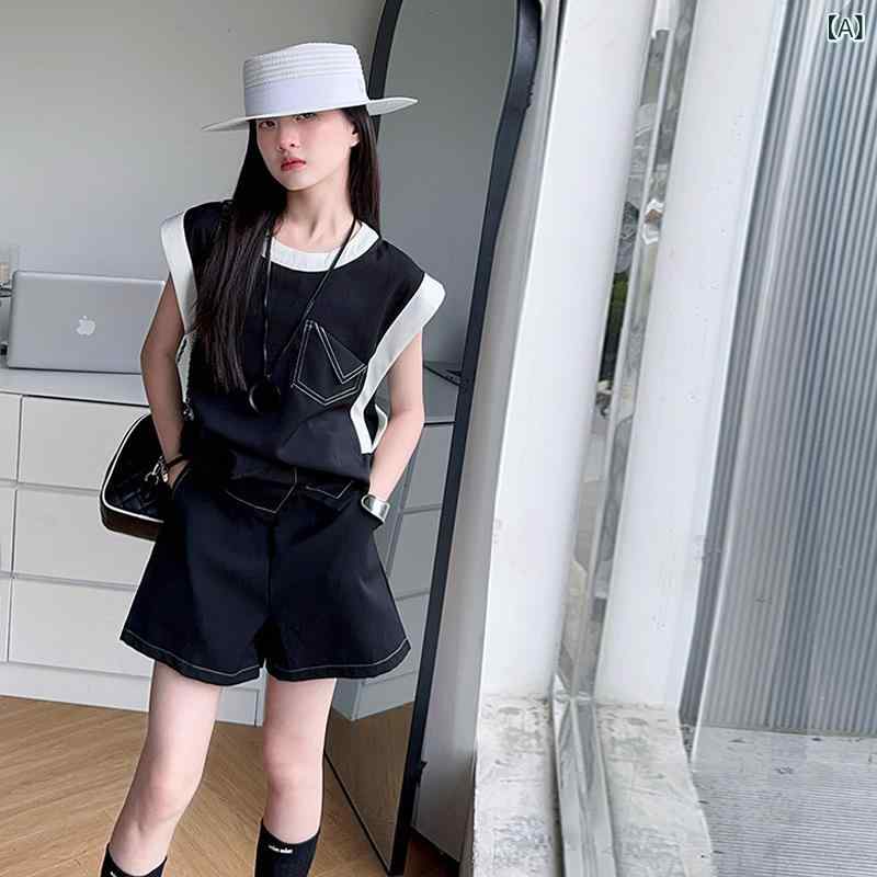 キッズ 女の子 ノースリーブ Tシャツ トップス スカート 上下セット 韓国子供服 レトロ かわいい 普段着 部屋着