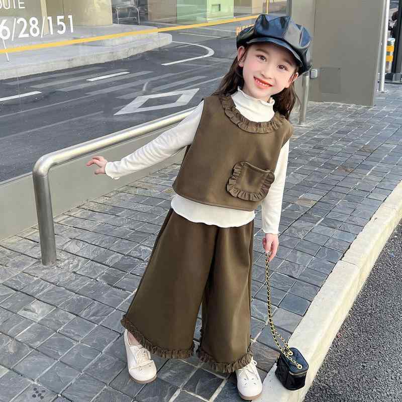 子供服 パンツセット 秋冬 女の子 ノースリーブ ベスト 長袖 Tシャツ ストレートパンツ 3点セット ガールズウェア 普段着