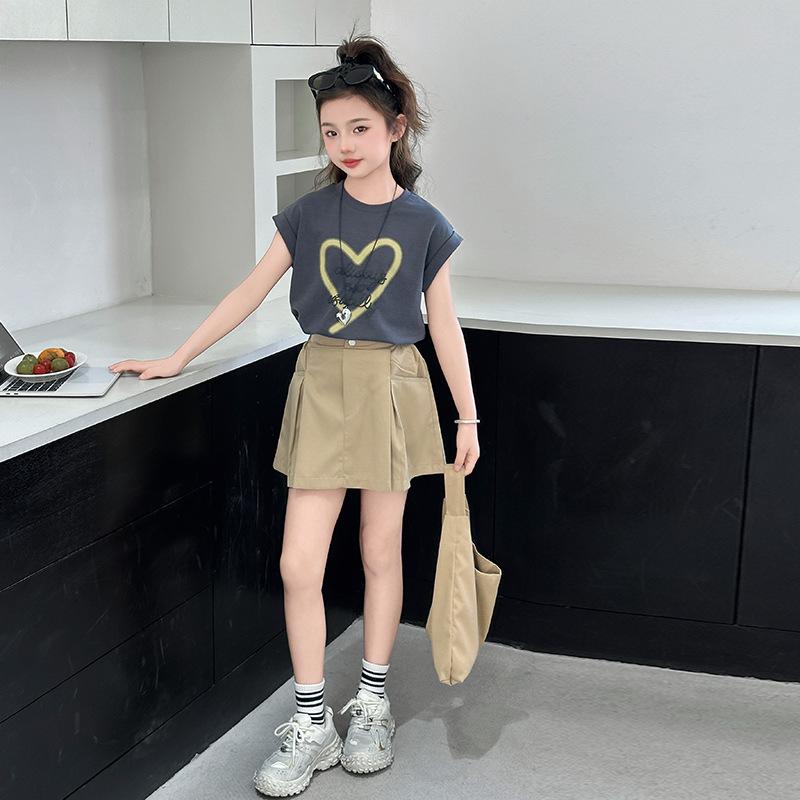 子供用スカートセット ガールズ Tシャツ & スカート 2点セット 夏服 韓国 ハート柄 コットン 薄手 かわいい おしゃれ 普段着 130cm 140cm 150cm 160cm 170cm