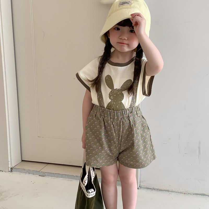 子供用セットアップ 女の子 Tシャツ付き サロペット 短パン 上下2点セット かわいい 夏 薄手 コットン95% 通園 通学 90 100 110 120 130
