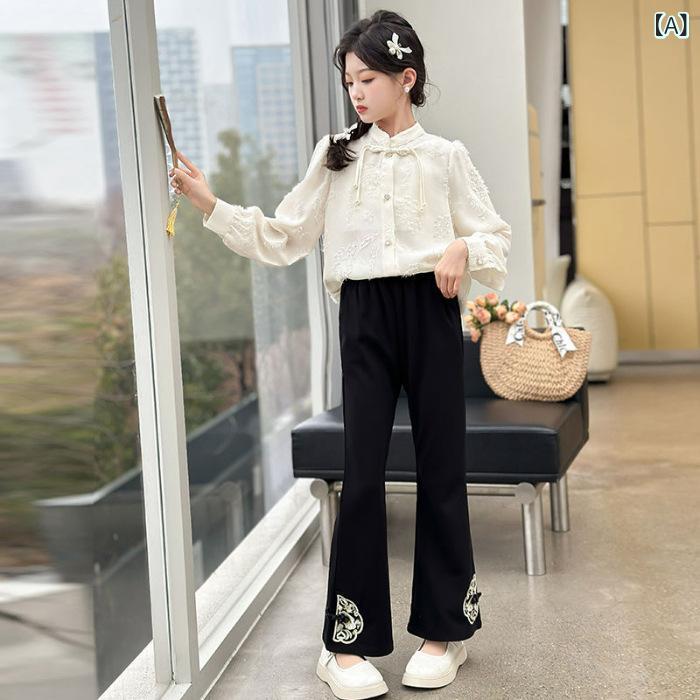 子供服 女の子 チャイナ風 シャツ トレーナー パンツ 3点セット 中大 детская одежда リラックス 普段着 習い事着 ポリエステル ブラック 120 130 140 150 160 170