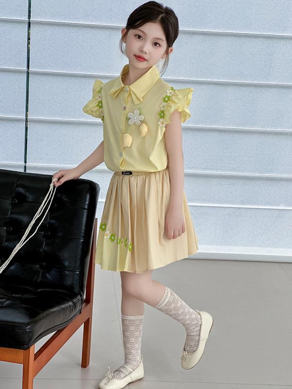 子供服 セットアップ 女の子 夏服 フリル袖 シャツ プリーツスカート 2点セット かわいい ガールズ キッズ ジュニア 普段着 発表会 お出かけ ピンク系 イエロー 120 130 140 150 160 170画像