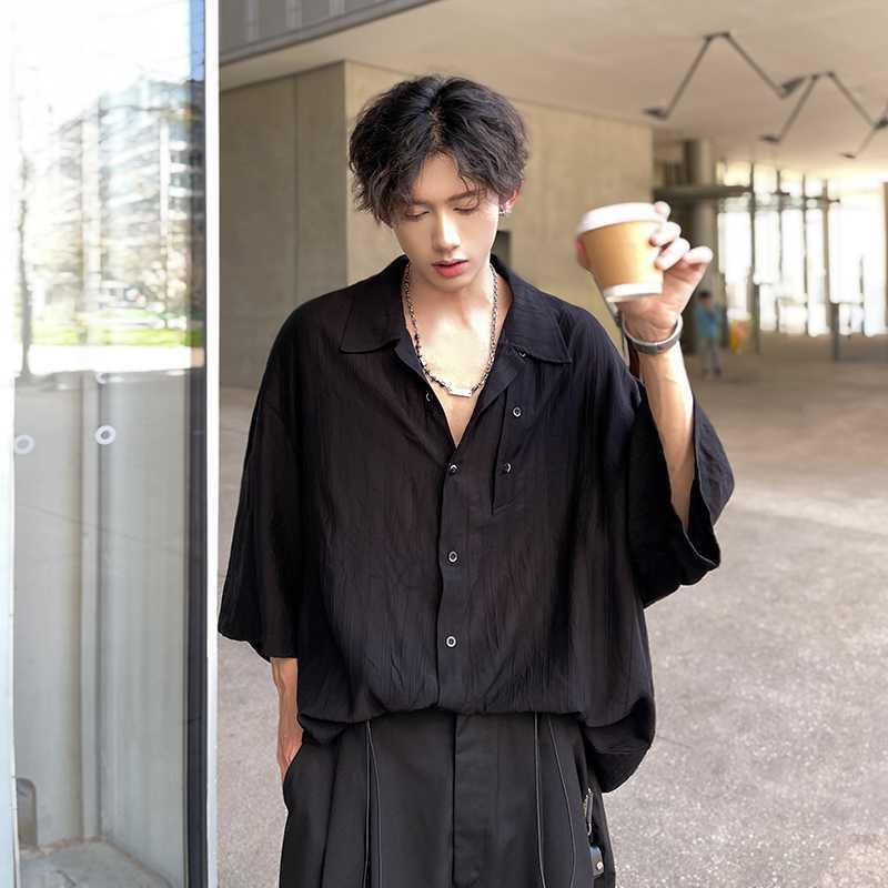 シャツ メンズ 男性用 夏服 韓国 ワイドスリーブ コットン混紡 配色 ブラック ゆったり トップス