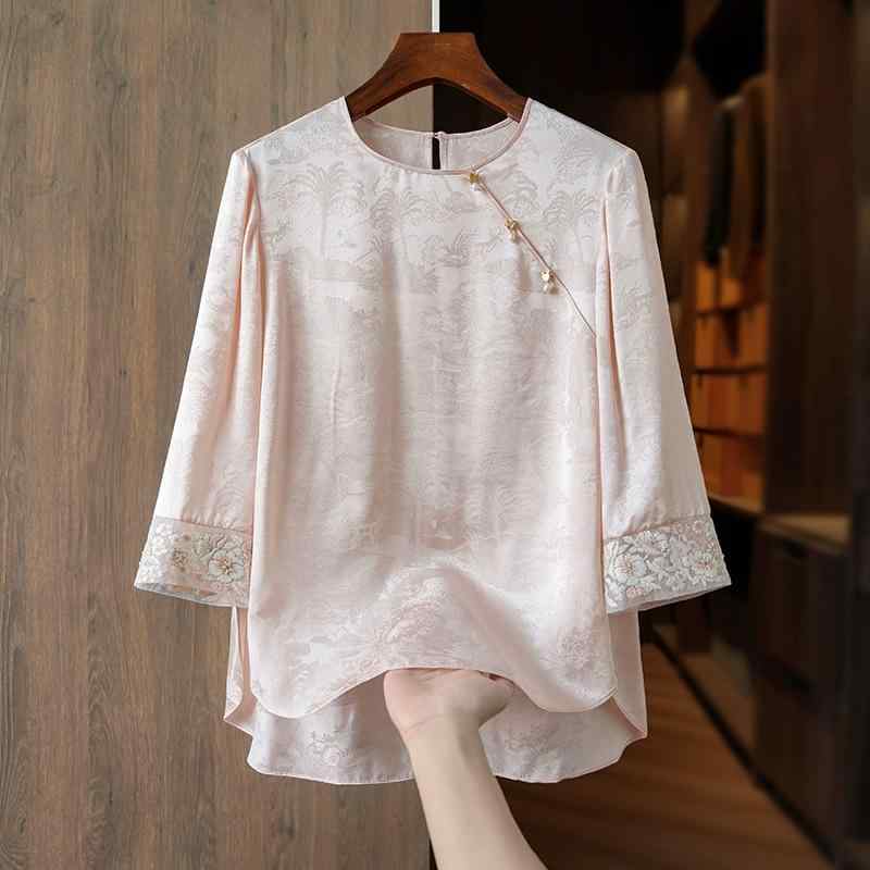 シャツ レディース 真絲混紡 提花 新中式 七分袖 春夏 刺・墸 ポリエステル ピンク系 白 M L XL XXL レトロ2
