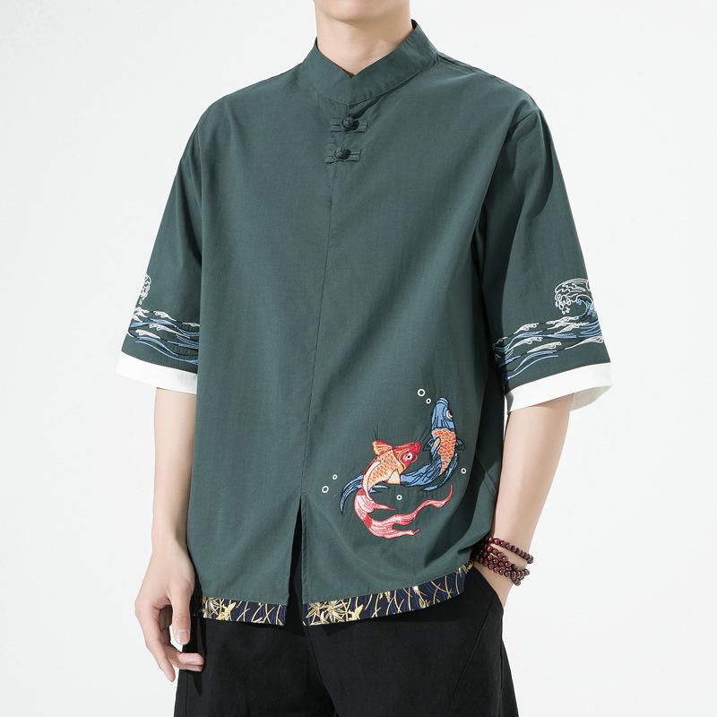 シャツ 男性用 麻 鯉 刺繍 切り替え チャイナ風 7分袖 トップス ルームウェア 普段使い ホワイト ブラック スモークブルー 春夏