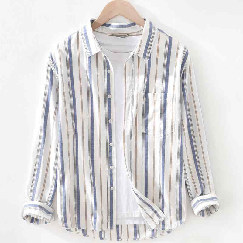 シャツ メンズ 男性用 長袖シャツ ストライプ リネン 麻混 薄手 普段使い 春物 グリーン ブルー M L XL XXL XXXL