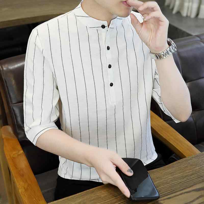 シャツ メンズ 男性用 綿麻 中国風 七分袖 立襟 トップス 普段使い ルームウェア 白 黒 カーキ 深グレー 紺色 大きいサイズ