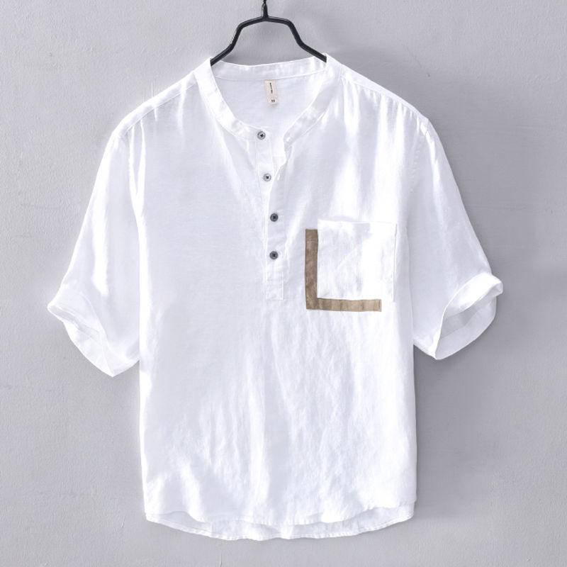 Tシャツ メンズ 男性用 麻 リネン混紡 半袖 中国風 立襟 カジュアル シャツ トップス 薄手 軽量 7分袖 切り替え M L XL 2XL 3XL 4XL 5XL 大きいサイズ 白 黒 紺 夏