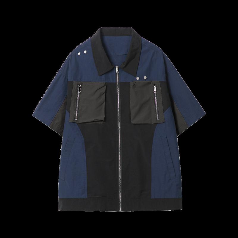 シャツ メンズ 男性用 半袖シャツ ポリエステル 接触冷感 ワークシャツ レトロ 切り替え 5分袖 藏藍色 グレー 春夏