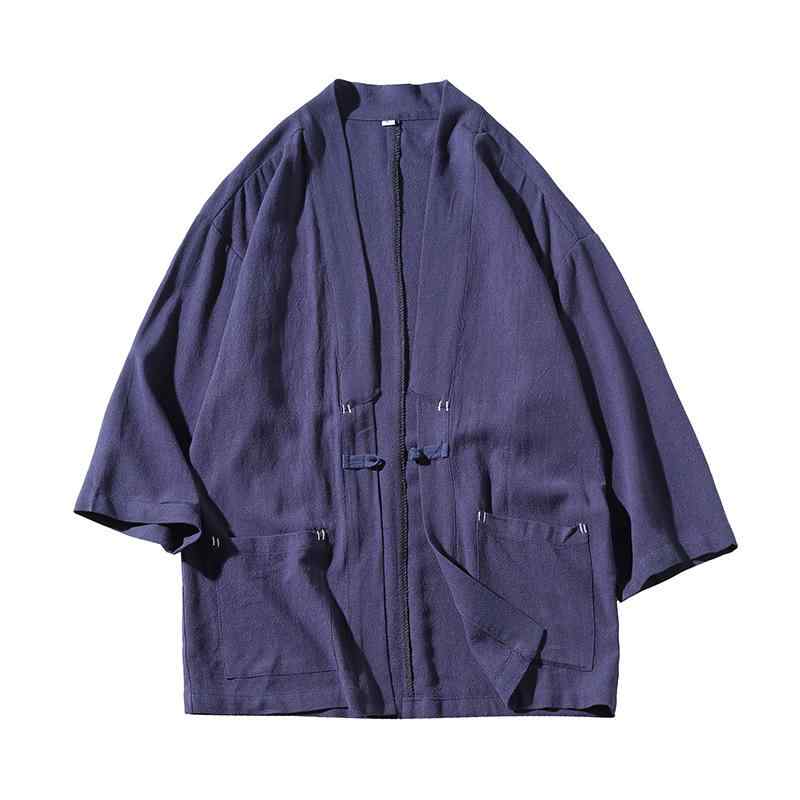 シャツ メンズ 男性用 7分袖 チャイナ風 唐装 漢服 リネン コットン混紡 スタンドカラー カーディガン ライトアウター 和風 ルームウェア 普段使い ブラック ネイビー レッド 春夏