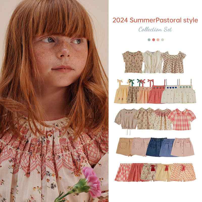 子供服 女の子用 トップス 田園風 花柄 刺繍 ノースリーブ シャツ & スカート セットアップ 綿 春夏 かわいい 普段着 90cm 100cm 110cm 120cm 130cm 140cm 150cm