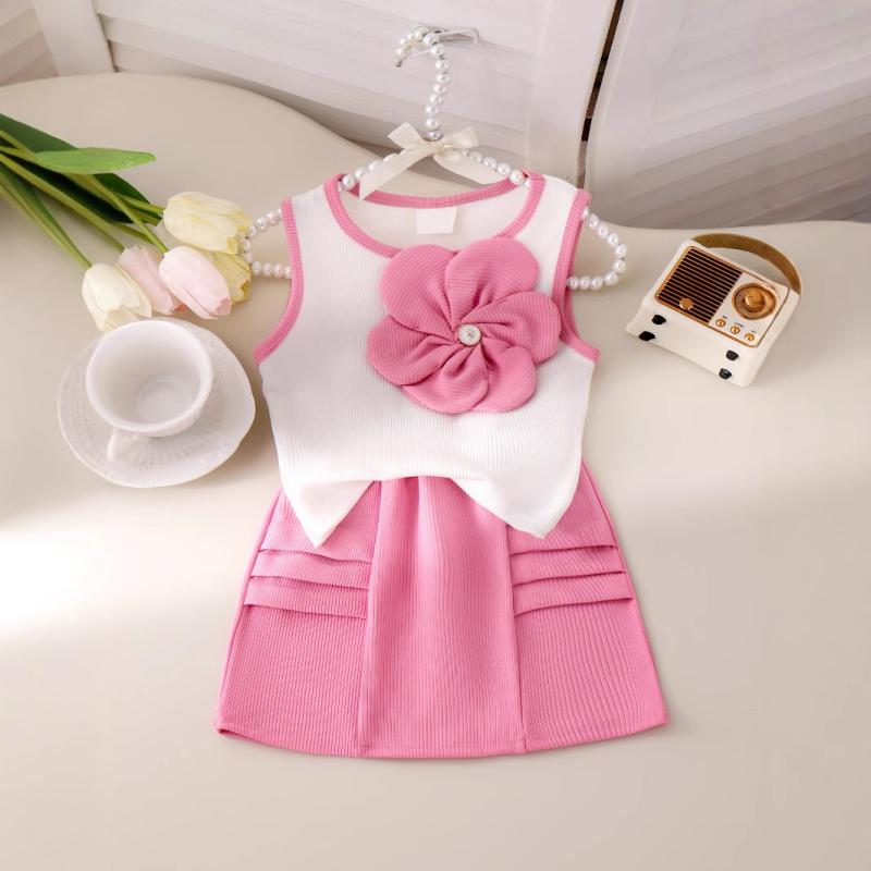 子供服 女の子用 ワンピース セットアップ 夏物 キャミソール トップス ショートスカート 上下セット 綿 薄手 普段使い ピンク系2