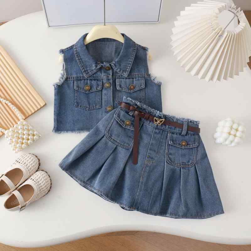 キッズ 女の子 デニム セットアップ ベスト & スカート 上下セット かわいい おしゃれ 子供服 夏服 90 100 110 120 130 140