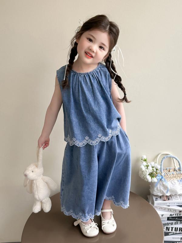 子供服 女の子 デニムセットアップ 夏物 薄手 タンクトップ ショートパンツ 2点セット かわいい おしゃれ 普段着 遊び着 ブルー