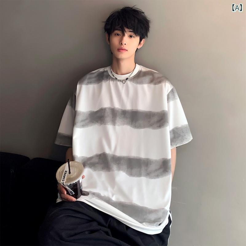 Tシャツ メンズ 男性用 半袖 夏物 アメリカン レトロ ストライプ 絞り染め風 涼感 クルーネック 五分袖 ゆったり 接触冷感 通気性