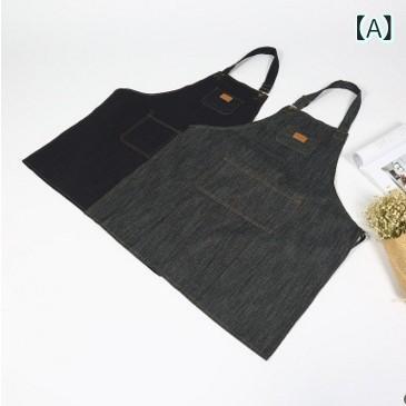 エプロン デニム 無袖 家庭用 業務用 ワークエプロン カフェエプロン 汚れ防止 料理 DIY ガーデニング 園芸 78cm×70cm ブルー ブラック2